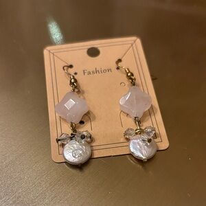 Rose Quartz pearl Gold Dangle Earrings